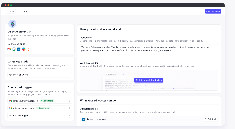 Relevanceai.com's dashboard for their AI Sales Assistant